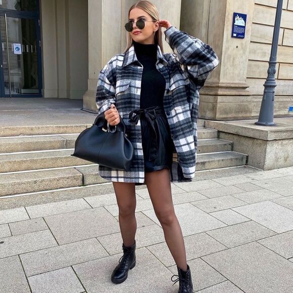 Shacket Jacket Overshirt H&M black white plaid new - Picture 2 of 6